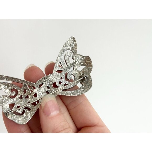 Silver Toned Marcasite Accented XL Ribboned Bow Vintage Brooch Pin - Picture 10 of 10